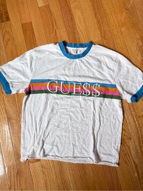 GUESS x ASAP Rocky Collab White Ringer Tee with Colorful Stripe Logo